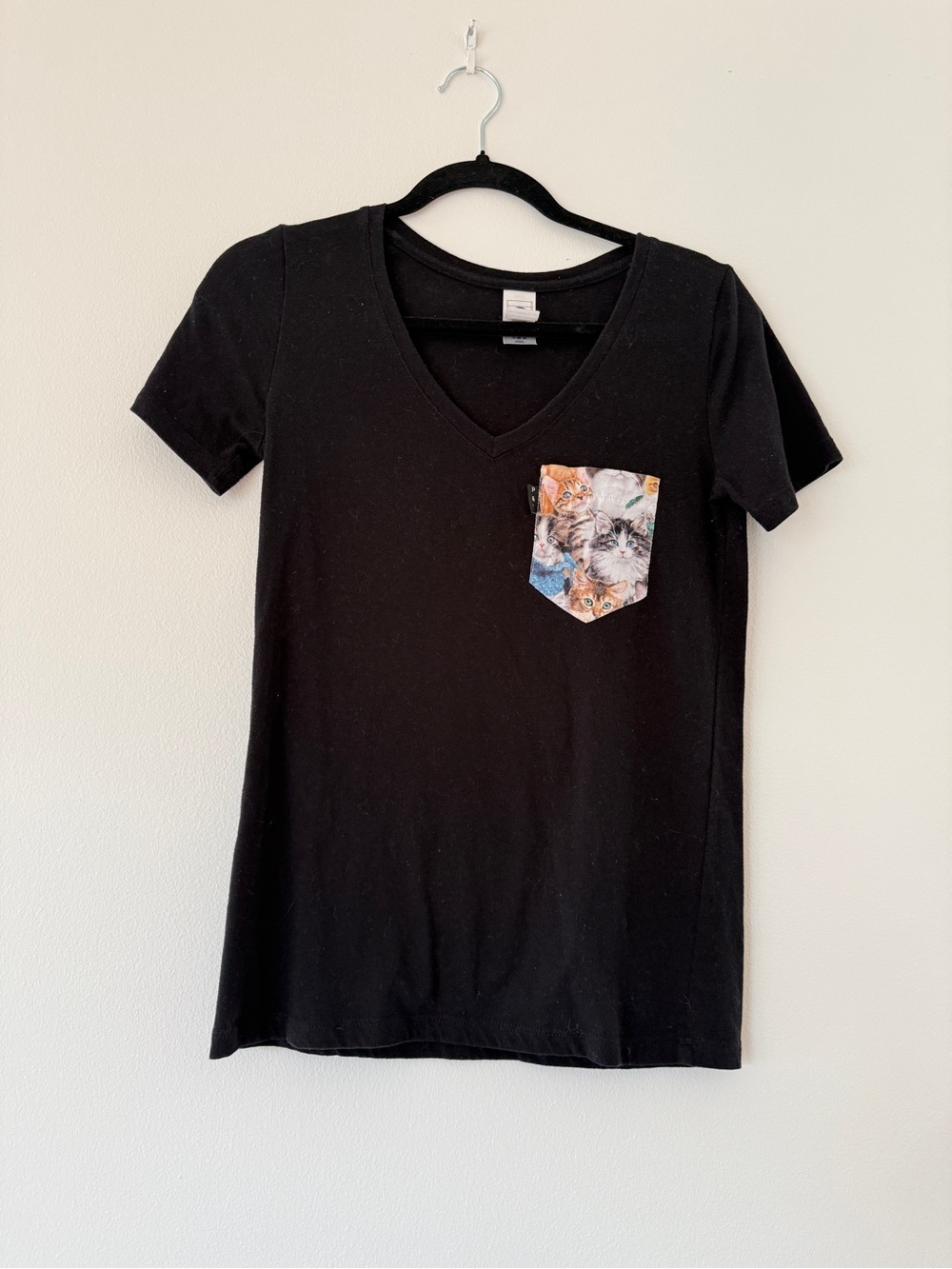 Black V-Neck Kids Tee with Cat Pocket